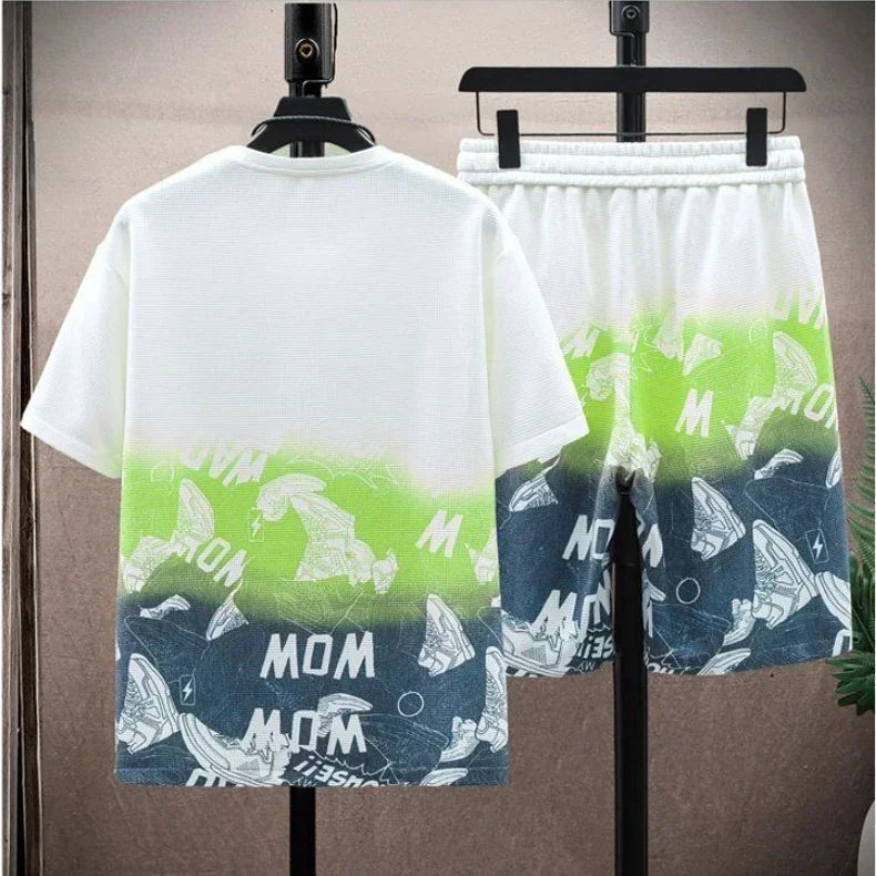 Camiseta casual e short masculino - Conjunto gradiente manga curta