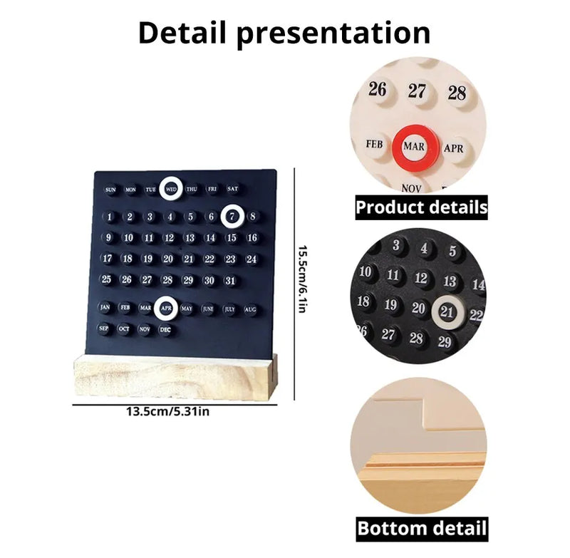 Calendário Perpétuo de Madeira para Mesa, Ajustável, Bonito (Semana, Mês, Data)