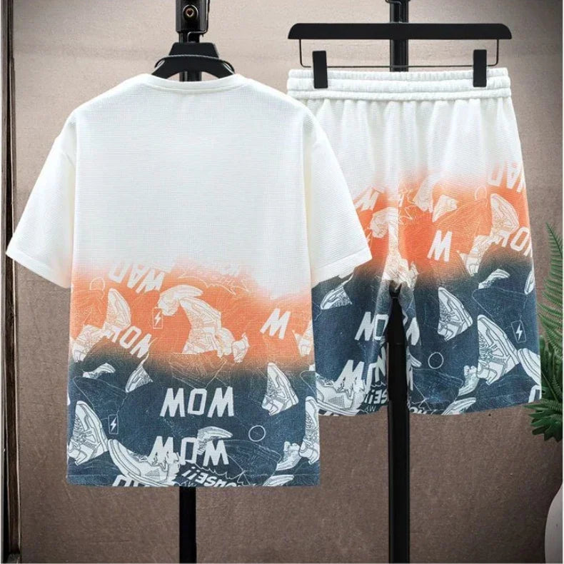 Camiseta casual e short masculino - Conjunto gradiente manga curta