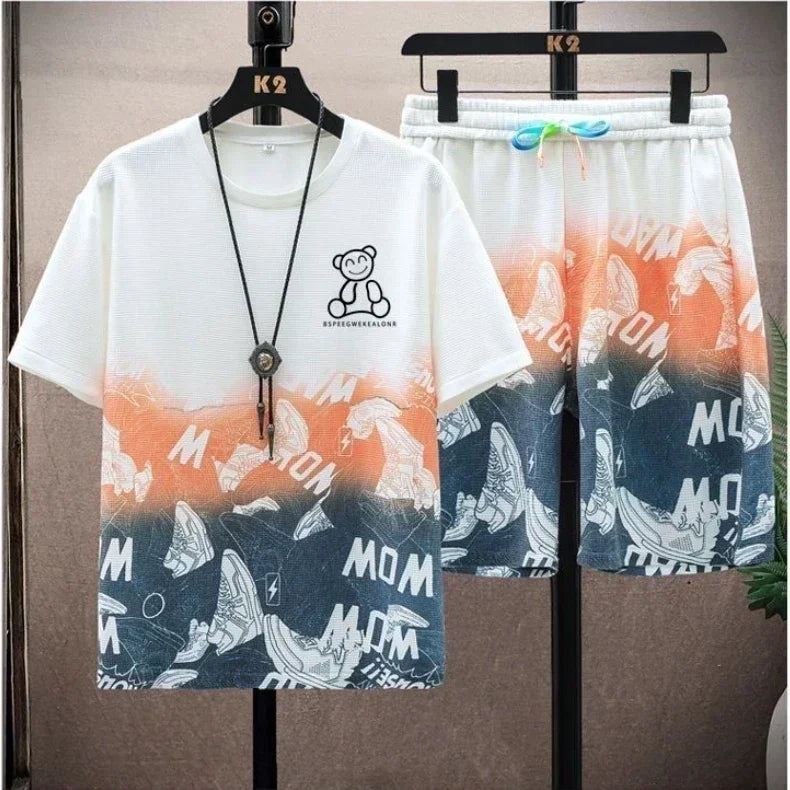 Camiseta casual e short masculino - Conjunto gradiente manga curta