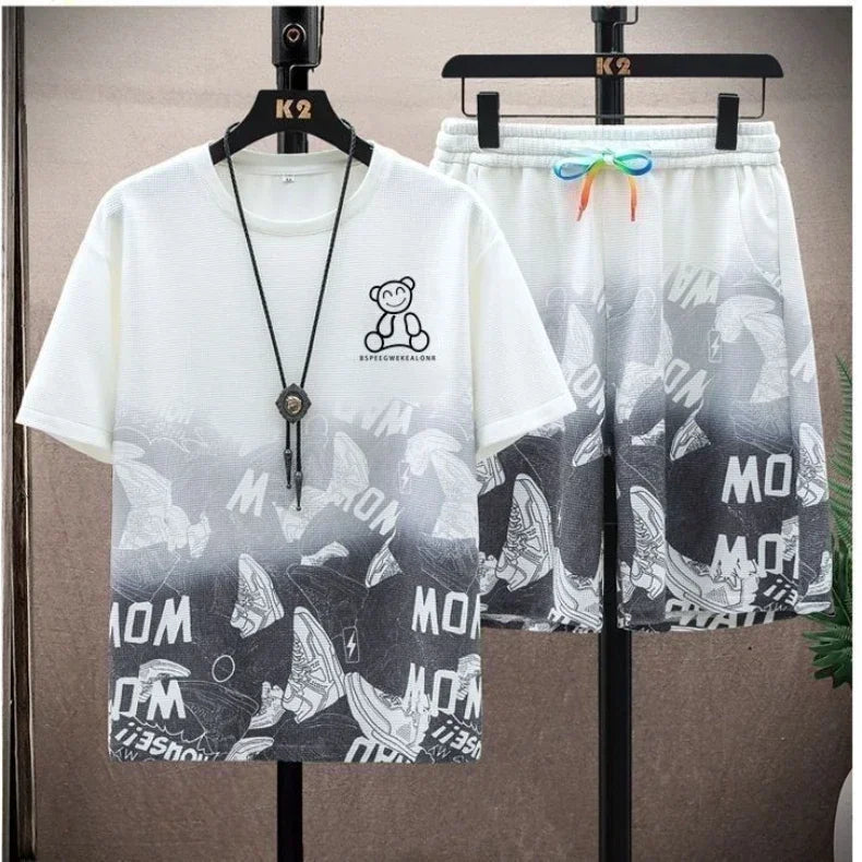 Camiseta casual e short masculino - Conjunto gradiente manga curta