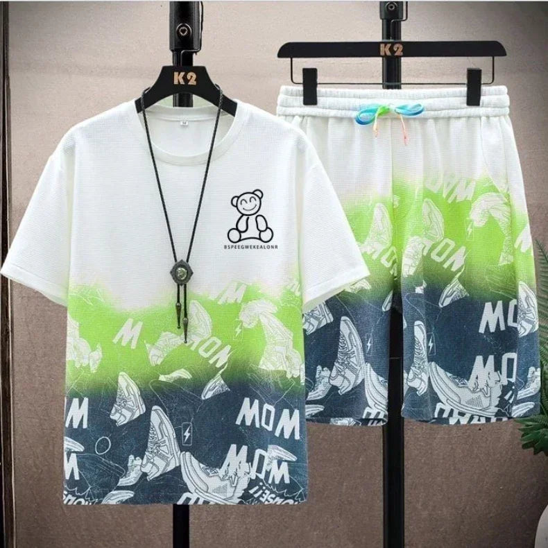 Camiseta casual e short masculino - Conjunto gradiente manga curta