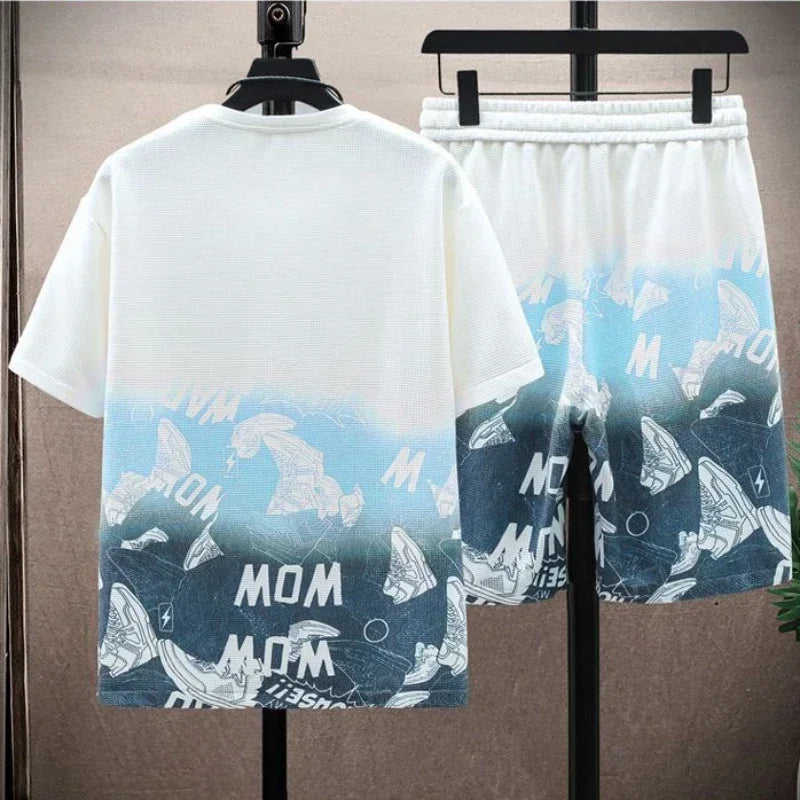 Camiseta casual e short masculino - Conjunto gradiente manga curta