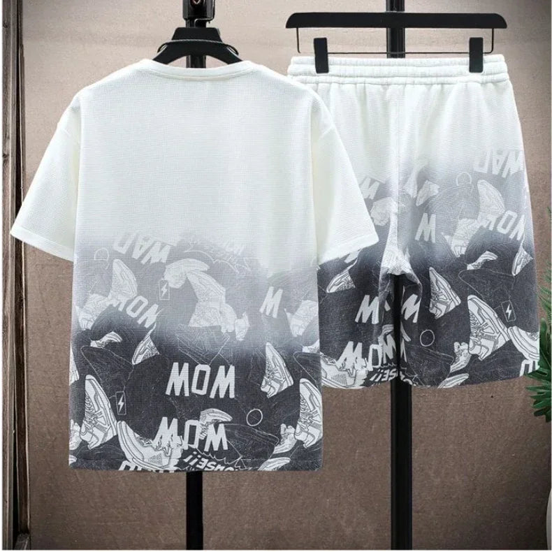 Camiseta casual e short masculino - Conjunto gradiente manga curta